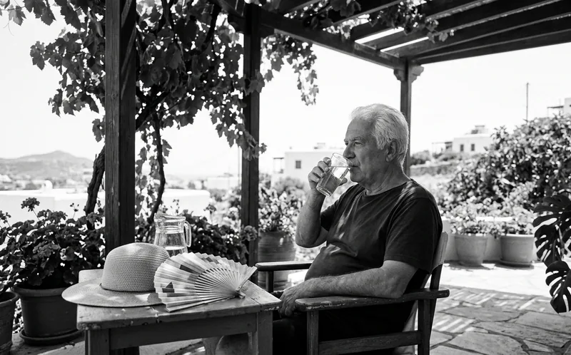Ηλικιωμένος ξεκουράζεται στη σκιά πιάζοντας νερό, με βεντάλια και ψάθινο καπέλο